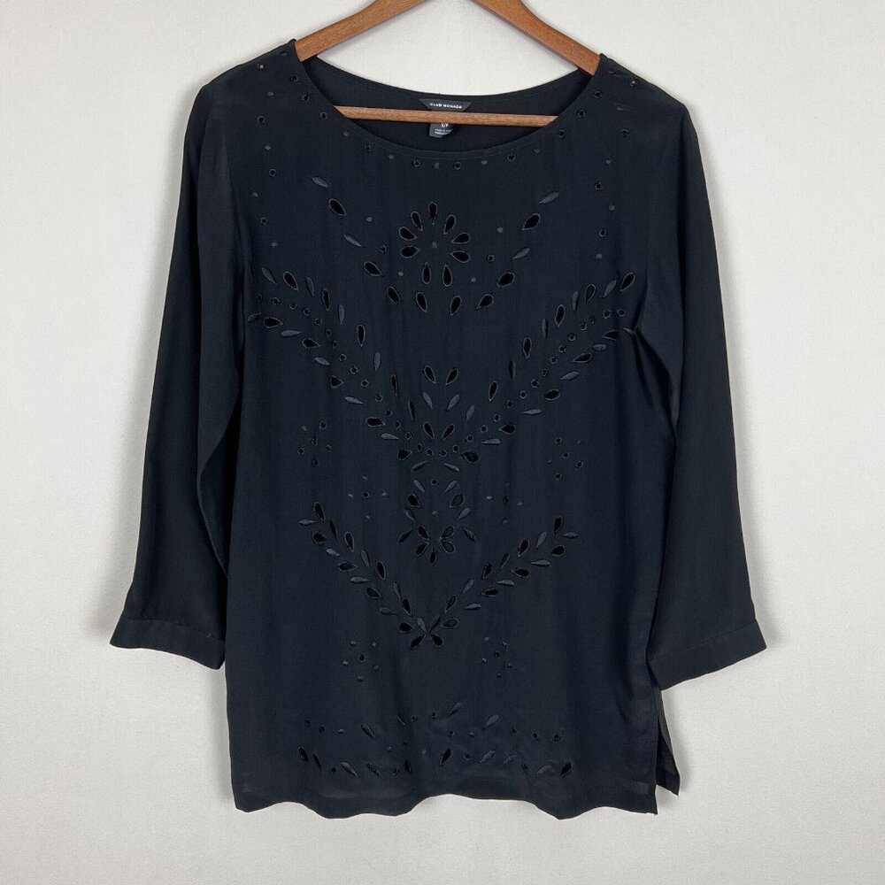 CLUB MONACO Tunic Top Womens Small Black Silk Eyelet 3/4‎ Sleeve Sheer Blouse S - Picture 3 of 16